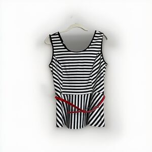 Cato Womens Sleeveless Black White Stripe Top With Red Belt Size Large NWT